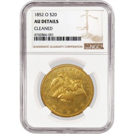 1852 O $20 Liberty Head Double Eagle Gold NGC AU Details Cleaned