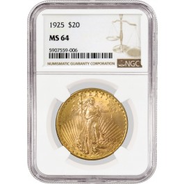 1925 $20 St Gaudens Double Eagle Gold NGC MS64 Uncirculated Coin #006
