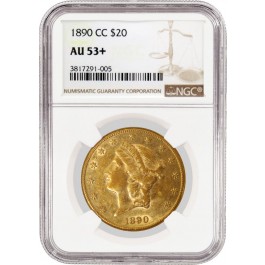 1890 CC $20 Liberty Head Double Eagle Gold NGC AU53+