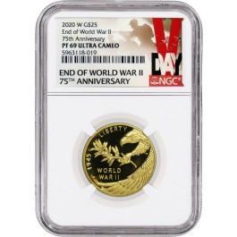 2020 W $25 End Of WWII 75th Anniversary Proof 24K Gold Medal NGC PF69 UC