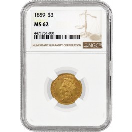 1859 $3 Indian Princess Head Three Dollar Gold NGC MS62