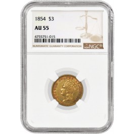 1854 $3 Indian Princess Head Three Dollar Gold NGC AU55