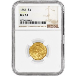 1855 $3 Indian Princess Head Three Dollar Gold Piece NGC MS61 Uncirculated Coin