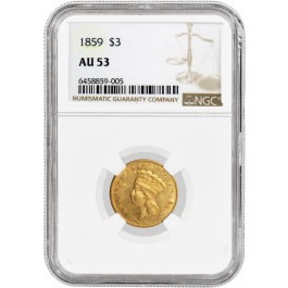 1859 $3 Indian Princess Head Three Dollar Gold NGC AU53 About Uncirculated Coin