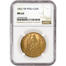 1863 YB G20S 20 Soles Gold Lima Mint Peru NGC MS62 Uncirculated Coin