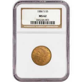 1886 S $5 Liberty Head Half Eagle Gold NGC MS62