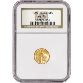 1994 $5 1/10 oz Gold American Eagle NGC MS70 Gem Uncirculated Coin