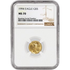 1994 $5 1/10 oz Gold American Eagle NGC MS70 Gem Uncirculated Coin