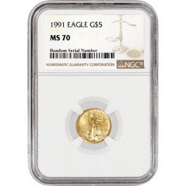 1991 $5 1/10 oz American Gold Eagle NGC MS70 Gem Uncirculated Coin