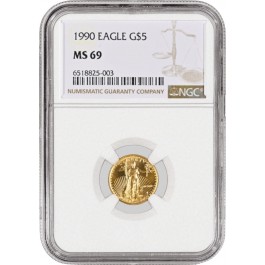 1990 $5 1/10 oz American Gold Eagle NGC MS69 Gem Uncirculated Coin