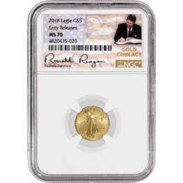 2018 $5 1/10 oz Gold American Eagle NGC MS70 Early Releases Ronald Reagan Label