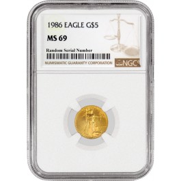 1986 $5 1/10 oz American Gold Eagle NGC MS69 Gem Uncirculated Coin