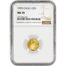 1993 $5 1/10 oz Gold American Eagle NGC MS70 Gem Uncirculated Coin
