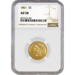 1861 $5 Liberty Head Half Eagle Gold NGC AU58
