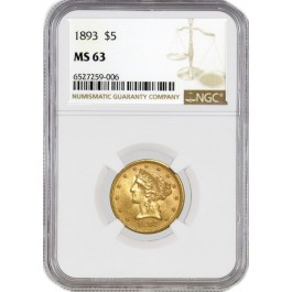 1893 $5 Liberty Head Half Eagle Gold NGC MS63 Brilliant Uncirculated Coin #006