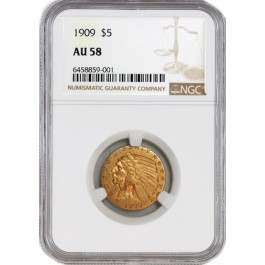 1909 $5 Indian Head Half Eagle Gold NGC AU58 About Uncirculated Coin