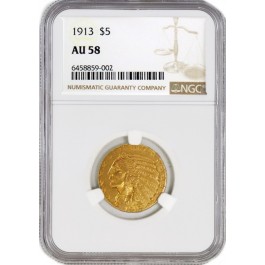 1913 $5 Indian Head Half Eagle Gold NGC AU58 About Uncirculated Coin