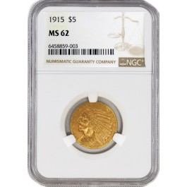 1915 $5 Indian Head Half Eagle Gold NGC MS62 Uncirculated Coin