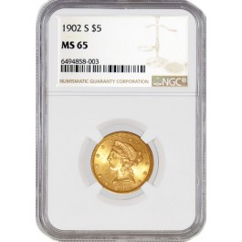 1902 S $5 Liberty Head Half Eagle Gold NGC MS65 Gem Uncirculated Mint State Coin