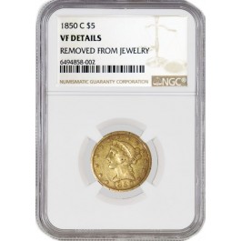 1850 C $5 Liberty Head Half Eagle Gold NGC VF Details Removed From Jewelry