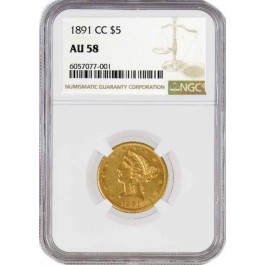 1891 CC Carson City $5 Liberty Head Half Eagle Gold NGC AU58 Key Date Coin