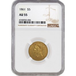 1861 $5 Liberty Head Half Eagle Gold NGC AU55 About Uncirculated Coin