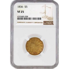 1836 $5 Classic Head Half Eagle Gold NGC VF25 Very Fine Circulated Coin