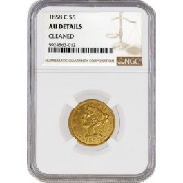 1858 C $5 Liberty Head Half Eagle Gold NGC AU Details Cleaned Coin