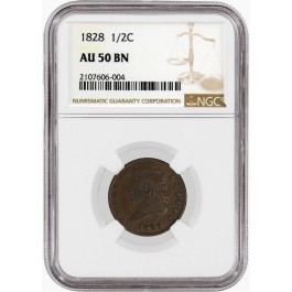 1828 13 Stars 1/2C Classic Head Half Cent Cohen 3 C-3 NGC AU50 BN Coin