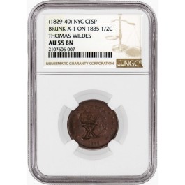 1835 1/2C Classic Head Half Cent Brunk-X-1 Thomas Wildes Counterstamp NGC AU55