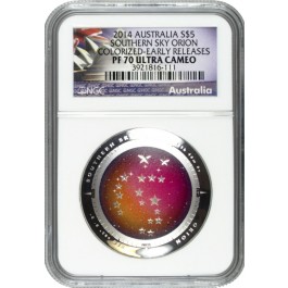 2014 $5 AUD Proof 1 oz .999 Fine Silver Australian Southern Sky Orion NGC PF70 UC ER