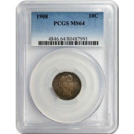 1908 10C Barber Dime Silver PCGS MS64 Brilliant Uncirculated Coin