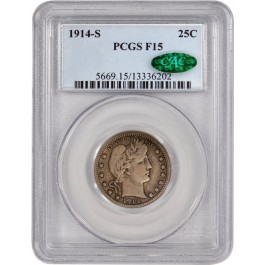 1914 S 25C Barber Quarter Silver PCGS F15 CAC Fine Circulated Key Date Coin