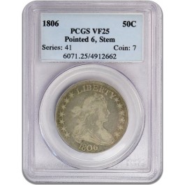 1806 50C Pointed 6 Stem Draped Bust Heraldic Eagle Half Dollar PCGS VF25 Coin