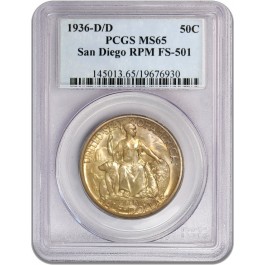 1936 D 50C San Diego Commemorative Silver Half Dollar D/D RPM FS-501 PCGS MS65