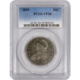 1829 50C Capped Bust Silver Half Dollar PCGS VF30 Circulated Coin