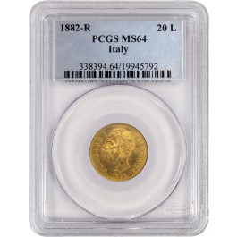 1882 R 20 Lire Italy Umberto I Gold .1867 oz PCGS MS64