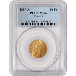1897 A 20 Francs France Angel Gold .1867 oz PCGS MS64