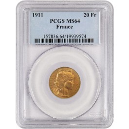 1911 20 Francs France Rooster Gold .1867 oz PCGS MS64