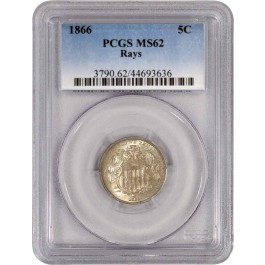 1866 5C Shield Nickel Rays PCGS MS62 Uncirculated Coin 