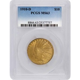 1910 D $10 Indian Head Gold Eagle PCGS MS63 Uncirculated Mint State Coin