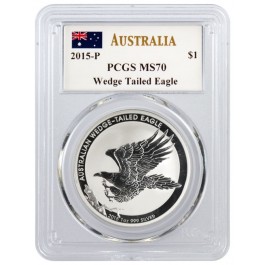 2015 P $1 AUD 1 oz 999 Fine Silver Wedge-Tailed Eagle PCGS MS70 John M Mercanti 