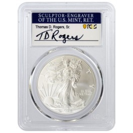 2019 W $1 1 oz Burnished Silver American Eagle PCGS SP70 FDOI Thomas D. Rogers