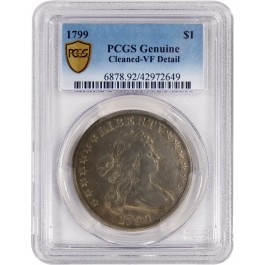 1799 $1 Draped Bust Large Eagle Silver Dollar B-10 BB-163 PCGS VF Detail Cleaned