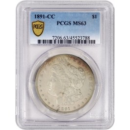 1891 CC $1 Morgan Silver Dollar PCGS Secure Gold Shield MS63 Key Date Coin