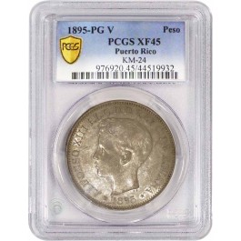 1895 PG V Manila Mint Puerto Rico Alfonso XIII 1 Peso Silver PCGS Secure XF45