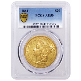 1861 $20 Liberty Head Double Eagle Gold NGC AU50 About Uncirculated Coin