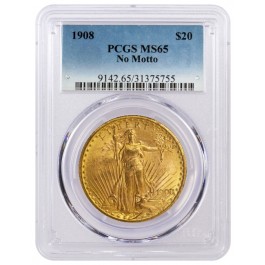 1908 No Motto $20 St Gaudens Double Eagle Gold PCGS MS65 Gem Uncirculated Coin