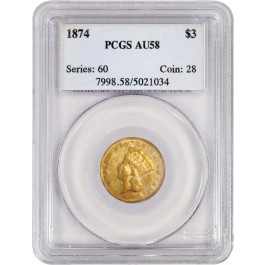 1874 $3 Indian Princess Head Three Dollar Gold PCGS AU58 About Uncirculated Coin