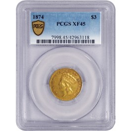 1874 $3 Indian Princess Head Three Dollar Gold PCGS Secure Gold Shield XF45 